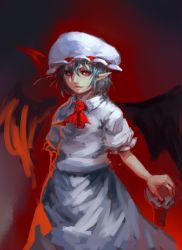 Rule 34 | 1girl, ascot, blue hair, hat, inishie kumo, looking at viewer, one-hour drawing challenge, parted lips, pointy ears, puffy short sleeves, puffy sleeves, red ascot, red eyes, remilia scarlet, shirt, short sleeves, skirt, smile, solo, standing, touhou, white hat, white shirt, white skirt, wings