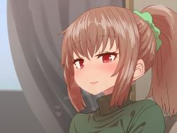 Rule 34 | 1girl, blush, breath, brown hair, closed mouth, curtains, heart, indoors, manaka (sumiyao), open mouth, original, ponytail, red eyes, solo, sumiyao (amam), upper body