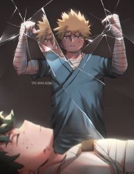 Rule 34 | 2boys, bakugou katsuki, bandage on face, bandaged arm, bandaged hand, bandaged leg, bandages, black background, blonde hair, boku no hero academia, broken glass, commentary, english commentary, freckles, from side, glass, gradient background, green hair, grey background, highres, hospital gown, looking at another, male focus, midoriya izuku, multiple boys, simple background, spiked hair, spoilers, trubwlsum, twitter username