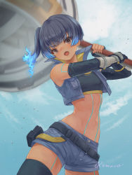 Rule 34 | 1girl, blue hair, brown hair, chest jewel, fiery hair, glowing lines, hammer, highres, holding, holding hammer, leggings, navel, remaco, sena (xenoblade), short shorts, shorts, shoulder strap, solo, sports bra, xenoblade chronicles (series), xenoblade chronicles 3