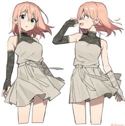 Rule 34 | :o, bandaged arm, bandages, bare shoulders, blush, detached sleeves, dress, ear piercing, earrings, floral print, green eyes, grey dress, highres, jewelry, looking at viewer, looking away, original, patterned clothing, piercing, pink hair, shisoneri, simple background, smile, white background