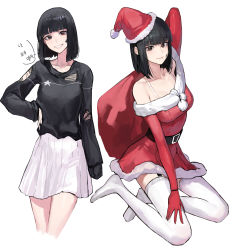 Rule 34 | 1girl, :d, absurdres, arm up, bare shoulders, black hair, black sweater, blunt bangs, bra strap, breasts, brown eyes, closed mouth, collarbone, cropped legs, dress, elbow gloves, facial mark, garter straps, gloves, grin, hand on own hip, highres, holding, holding sack, korean text, looking at viewer, mac star, medium breasts, medium skirt, multiple views, no shoes, off-shoulder dress, off shoulder, open mouth, original, parted lips, pleated skirt, red dress, red gloves, sack, santa costume, santa dress, short hair, simple background, sitting, skirt, smile, speech bubble, star (symbol), sweater, teeth, thighhighs, torn clothes, torn sweater, translation request, white background, white skirt, white thighhighs