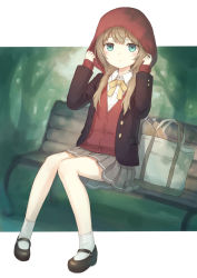 Rule 34 | 104 (luins104), 1girl, bag, bench, black footwear, blazer, blue eyes, bow, bowtie, bread, brown hair, food, grey skirt, highres, hood, hood up, hoodie, jacket, little red riding hood, little red riding hood (grimm), low twintails, mary janes, outdoors, pleated skirt, red hoodie, school uniform, shoes, sitting, skirt, socks, solo, tote bag, twintails, white socks, yellow bow, yellow bowtie