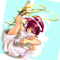 Rule 34 | 1girl, ankle cuffs, bad id, bad pixiv id, bare legs, barefoot, chain, clenched hand, cuffs, dress, feet, fighting stance, full body, gold, jewelry, lowres, magi the labyrinth of magic, morgiana, necklace, red hair, shackles, simple background, skirt, solo, sparkle, white dress, white skirt
