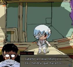 Rule 34 | 1boy, 1girl, ayanami rei, blue hair, character name, gendou pose, glasses, hands clasped, ikari gendou, meme, neon genesis evangelion, own hands clasped, own hands together, pantsu-ripper, red eyes, rei chikita, spanish text