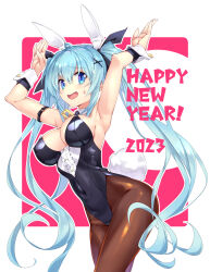 Rule 34 | 1girl, 2023, animal ears, aqua hair, arm belt, armpits, arms up, bare shoulders, blue eyes, breasts, brown pantyhose, center frills, chinese zodiac, cleavage, covered erect nipples, cowboy shot, detached collar, frills, hair between eyes, happy new year, highleg, highleg leotard, highres, kuro work, large breasts, leotard, long hair, looking at viewer, new year, open mouth, original, pantyhose, playboy bunny, rabbit, rabbit ears, rabbit pose, rabbit tail, sideways glance, solo, strapless, strapless leotard, tail, tuxedo leotard, twintails, very long hair, wide hips, wrist cuffs, year of the rabbit
