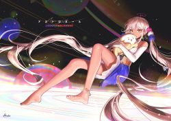Rule 34 | 1girl, absurdres, anklet, artist name, barefoot, brown eyes, character name, dark-skinned female, dark skin, dress, elbow gloves, english text, feet, floating, full body, gloves, handot (d yot ), highres, hololive, hololive english, jewelry, legs, limiter (tsukumo sana), long hair, planet, planetary ring, sanallite (tsukumo sana), shadow, space, star (sky), thighs, toes, tsukumo sana, twintails, twitter username, very long hair, virtual youtuber, white hair