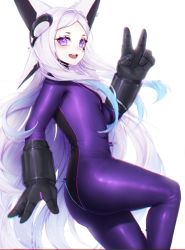 Rule 34 | 1girl, animal ears, ass, beescuit, blue hair, bodysuit, breasts, colored inner hair, commentary, dyarikku (vtuber), english commentary, fox ears, from side, highres, indie virtual youtuber, long hair, looking at viewer, mechanical arms, multicolored hair, open mouth, purple bodysuit, silver hair, skin tight, small breasts, smile, solo, v, very long hair, virtual youtuber, white background