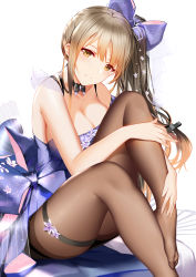 Rule 34 | 1girl, absurdres, an yasuri, bare arms, bare shoulders, black choker, blue dress, breasts, brown eyes, brown hair, brown pantyhose, choker, cleavage, dress, feet, flower, girls&#039; frontline, hair ribbon, head tilt, highres, k2 (girls&#039; frontline), knees up, large breasts, long hair, looking at viewer, no shoes, official alternate costume, pantyhose, plantar flexion, purple flower, ribbon, side ponytail, sidelocks, sitting, smile, solo, thigh strap