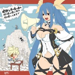 Rule 34 | 1boy, 1girl, belt, black panties, blonde hair, blue hair, breasts, choker, cleavage, cloud, crying, desk, detached sleeves, dizzy (guilty gear), eyepatch, guilty gear, guilty gear xrd, hair ribbon, highres, homework, large breasts, long hair, mariebell, megaphone, mother and son, navel, panties, paper, ribbon, sin kiske, sky, speech bubble, tail, thigh strap, thighhighs, translation request, twintails, underwear, yellow ribbon