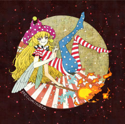Rule 34 | 1girl, american flag dress, american flag legwear, american flag shirt, blonde hair, clownpiece, constellation, fairy wings, fire, full body, grin, hat, jester cap, jigsaw puzzle, long hair, looking at viewer, pantyhose, print pantyhose, puzzle, sagittarius (constellation), shirt, short sleeves, smile, solo, star (symbol), striped clothes, striped pantyhose, takanashi minato, teeth, touhou, wings