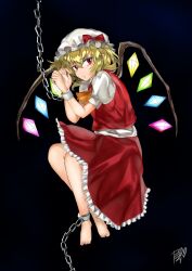 Rule 34 | 1girl, absurdres, ankle cuffs, ascot, barefoot, blonde hair, chain, closed mouth, cuffs, dark background, flandre scarlet, frilled skirt, frills, from side, glowing, glowing wings, hair between eyes, hat, highres, looking at viewer, medium hair, mob cap, multicolored wings, no shoes, no socks, one side up, pointy ears, puffy short sleeves, puffy sleeves, red eyes, red skirt, red vest, ruri-urasue-1224, shirt, short sleeves, simple background, skirt, skirt set, solo, touhou, vest, white hat, white shirt, wings, yellow ascot