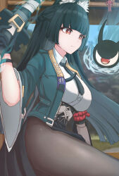 1girl animal_ear_fluff animal_ears black_hair black_necktie black_pantyhose black_skirt breasts closed_mouth collared_shirt fox_ears fox_girl highres holding holding_sword holding_weapon hoshimi_miyabi lawgdrawingworkshop long_hair necktie pantyhose red_eyes shirt skirt solo sword very_long_hair weapon white_shirt zenless_zone_zero