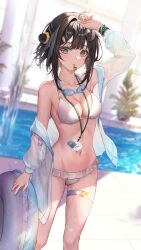 Rule 34 | 1girl, arknights, arm up, atychi, bikini, black hair, breasts, cleavage, feather hair, goggles, goggles around neck, hair intakes, hand on own head, highres, holding, holding swim ring, id card, infection monitor (arknights), innertube, jacket, jacket over swimsuit, la pluma (arknights), la pluma (summer flowers) (arknights), lanyard, medium breasts, medium hair, mouth hold, off shoulder, official alternate costume, open clothes, open jacket, pool, see-through, see-through jacket, swim ring, swimsuit, thigh strap, whistle, white bikini, wing hair ornament