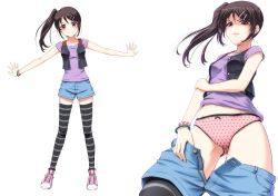 Rule 34 | 1girl, 40hara, black legwear, blue shorts, blush, bracelet, breasts, brown hair, clothes pull, cropped vest, disgust, full body, glaring, hair ornament, hairclip, iya na kao sare nagara opantsu misete moraitai, jewelry, long hair, multiple views, one side up, open clothes, open vest, panties, parted lips, pink footwear, pink panties, polka dot, polka dot panties, purple eyes, purple shirt, shaded face, shirt, shoes, shorts, shorts pull, sidelocks, small breasts, smile, sneakers, striped clothes, striped legwear, striped thighhighs, thighhighs, thighs, underwear, unzipped, vest, zipper, zipper pull tab
