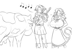 Rule 34 | 1boy, 1girl, animal ears, apron, blush, boots, breast expansion, breasts, comic, cow, cow ears, cow girl, cow horns, cow tail, dress, greyscale, hat, horns, huge breasts, instrument, lineart, link, long hair, malon, master sword, matsu-sensei, monochrome, musical note, neckerchief, nintendo, ocarina, aged up, over shoulder, pointy ears, skirt, ^^^, sword, sword over shoulder, tail, the legend of zelda, the legend of zelda: ocarina of time, transformation, tunic, udder, waist apron, weapon, weapon over shoulder, wince