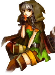 Rule 34 | 1girl, apple, arrow (projectile), belt, boots, braid, brown eyes, choma, dragon&#039;s crown, elf, elf (dragon&#039;s crown), food, fruit, gloves, hood, pointy ears, silver hair, solo, thigh boots, thighhighs, vanillaware