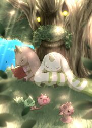 Rule 34 | blue sky, book, bzecu0mihjv7okr, closed eyes, digimon, digimon (creature), falling leaves, grass, holding, holding book, jyureimon, leaf, lopmon, no humans, open mouth, outdoors, sky, terriermon, tree