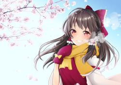 Rule 34 | 1girl, absurdres, blush, bow, breath, brown hair, cherry blossoms, commentary request, day, detached sleeves, hair bow, hair tubes, hakurei reimu, hand on own chest, highres, huge filesize, long hair, looking at viewer, mittens, petals, red bow, red eyes, red shirt, scarf, shirt, sidelocks, sky, sleeveless, sleeveless shirt, smile, solo, sparkle, tooga mashiro, touhou, upper body, yellow neckwear