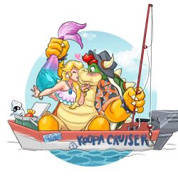 Rule 34 | blooper (mario), boat, bowser, bracelet, chain chomp, cheep cheep, earrings, fishing, fishing rod, hat, highres, horns, jewelry, kiss, mario (series), mermaid peach, nintendo, phantomdame, princess peach, princess peach: showtime!, spiked bracelet, spikes, watercraft