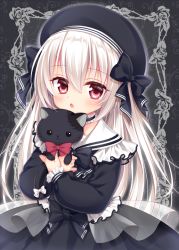 Rule 34 | 1girl, :&lt;, black background, black bow, black bowtie, black dress, black hat, black ribbon, blush, bow, bowtie, choker, commentary request, dress, fang, flower, framed, frilled choker, frills, gothic lolita, hair between eyes, hair ribbon, hands up, hat, holding, holding stuffed toy, hugging object, leaf, lolita fashion, long hair, long sleeves, looking at viewer, mitsuba choco, open mouth, original, patch, red bow, red bowtie, red eyes, ribbon, rose, sailor dress, silver hair, solo, stuffed animal, stuffed cat, stuffed toy, thorns