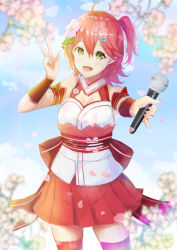 Rule 34 | 1girl, absurdres, ahoge, bare shoulders, belt, belt buckle, branch, breasts, brooch, buckle, cherry blossom print, cherry blossoms, cleavage, cleavage cutout, clothing cutout, floral print, flower, green eyes, hair between eyes, hair flower, hair ornament, hairclip, highres, holding, holding microphone, hololive, jewelry, looking at viewer, medium breasts, medium hair, microphone, miniskirt, nail polish, nontraditional miko, one side up, open mouth, petals, pink hair, pink nails, pink skirt, sakura miko, sakura miko (old design), skirt, thighhighs, toriizu chikin, virtual youtuber, w, zettai ryouiki