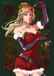 Rule 34 | 1990s (style), 1girl, alternate costume, arm up, bare shoulders, bell, belt, belt skirt, black gloves, black thighhighs, blonde hair, blue eyes, border, breast hold, breasts, christmas, cleavage, covered navel, dated, dress, earrings, elbow gloves, female focus, final fantasy, final fantasy iv, gloves, hair bell, hair ornament, high ponytail, holding, holding mistletoe, holly, jewelry, jingle bell, large breasts, latex, latex gloves, light particles, lipstick, long hair, looking at viewer, makeup, mistletoe, ponytail, rebecca gunter, red skirt, retro artstyle, rosa farrell, santa costume, short dress, signature, sketch, skirt, smile, solo, standing, star (symbol), strapless, strapless dress, taut clothes, taut dress, thighhighs, zettai ryouiki