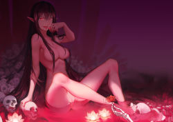 Rule 34 | 1girl, barefoot, black hair, blood, blood from mouth, blood on face, breasts, demon girl, flower, hair censor, highres, large breasts, long hair, long tongue, looking at viewer, nero (nilu), nude, original, pile of skulls, pointy ears, puddle, pussy, red eyes, red theme, sitting, skull, slit pupils, smile, solo, spider lily, tongue, tongue out, very long hair, witch