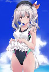 Rule 34 | 1girl, apron, apron lift, beret, black eyes, blush, breasts, cleavage, closed mouth, clothes lift, cloud, competition swimsuit, day, hat, kantai collection, kashima (kancolle), long hair, looking at viewer, medium breasts, one-piece swimsuit, outdoors, silver hair, sky, solo, standing, swimsuit, twintails, water, wavy mouth, white apron, yumesato makura