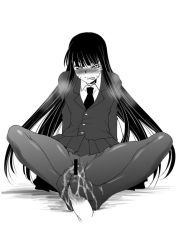 Rule 34 | amano issui, black hair, censored, cum, feet, footjob, formal, houkago play, long hair, monochrome, necktie, pantyhose, penis, sitting, suit, yellow eyes