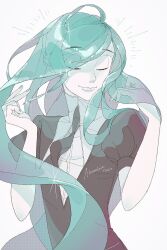 Rule 34 | 1other, adjusting hair, ahoge, alexandrite (houseki no kuni), androgynous, aqua hair, aqua nails, closed eyes, collared shirt, colored skin, crystal hair, dress shirt, gem, gem uniform (houseki no kuni), glint, hand in own hair, high collar, highres, houseki no kuni, lips, long hair, minmim, nail polish, necktie, other focus, puffy short sleeves, puffy sleeves, shirt, short sleeves, simple background, smile, solo, sparkle, translucent, translucent hair, upper body, very long hair, white background, white shirt, white skin