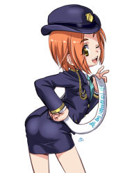 Rule 34 | 10s, 1girl, ;d, aiguillette, blush, female service cap, from behind, hand on own hip, hat, highres, idolmaster, idolmaster cinderella girls, leaning forward, looking at viewer, looking back, mercy rabbit, necktie, one eye closed, open mouth, orange hair, pencil skirt, police, police uniform, policewoman, ryuzaki kaoru, sash, short hair, skirt, smile, solo, uniform, yellow eyes