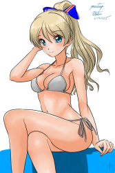 Rule 34 | 10s, 1girl, alternate hairstyle, arm support, artist name, bikini, blonde hair, blue eyes, bow, breasts, cleavage, closed mouth, commentary, crossed legs, darjeeling (girls und panzer), dated, flag print, girls und panzer, hair bow, hair down, halterneck, hand in own hair, legs, matsui yasutsugu, medium breasts, navel, one-hour drawing challenge, ponytail, print bow, side-tie bikini bottom, signature, simple background, sitting, smile, solo, string bikini, swimsuit, thighs, union jack, white background, white bikini