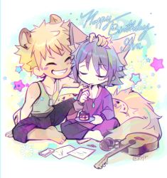 Rule 34 | acoustic guitar, animal ears, barefoot, blonde hair, cake, chibi, dog tags, food, guitar, hand on another&#039;s head, happy birthday, headphones, headphones removed, instrument, jewelry, leopard, multicolored hair, pendant, rom (show by rock!!), sebychu, show by rock!!, shu zo (show by rock!!), streaked hair, swept bangs, tail