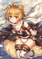 Rule 34 | 10s, 1girl, :3, ahoge, andira (granblue fantasy), blonde hair, blush, breasts, brown eyes, day, erune, fingerless gloves, frilled gloves, frills, fur-trimmed legwear, fur trim, gloves, granblue fantasy, highres, holding, holding weapon, ks (xephyrks), leotard, looking at viewer, outdoors, scarf, sitting, small breasts, smile, solo, thighhighs, thighs, toes, twintails, weapon, white leotard, white scarf