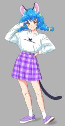 Rule 34 | 1girl, animal ear fluff, animal ears, blue hair, blush, braid, cat ears, cat tail, closed mouth, full body, grey background, hand on own hip, highres, kousuke0912, long hair, long sleeves, looking at viewer, miniskirt, orange eyes, plaid, plaid skirt, pleated skirt, pointy ears, precure, print shirt, purple footwear, purple skirt, shirt, simple background, skirt, smile, socks, solo, standing, star twinkle precure, tail, twin braids, white shirt, white socks, yuni (precure)