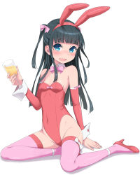 Rule 34 | 1girl, animal ears, black hair, blue eyes, blunt bangs, blush, breasts, cocktail glass, cup, detached sleeves, drinking glass, fake animal ears, full body, hair ribbon, high heels, highleg, holding, holding cup, kimagure blue, leotard, long hair, looking at viewer, open mouth, original, pink ribbon, pink thighhighs, playboy bunny, rabbit ears, red footwear, red leotard, revision, ribbon, shadow, shoes, simple background, sitting, small breasts, smile, solo, thighhighs, thighs, two side up, wavy mouth, white background, wine glass, wrist cuffs, yokozuwari