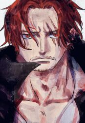Rule 34 | 1boy, black coat, chiyo (@ch falgar), closed mouth, coat, coat on shoulders, facial hair, highres, looking at viewer, male focus, one piece, parted bangs, red eyes, red hair, scar, scar across eye, scar on face, serious, shanks (one piece), shirt, short hair, solo, white background, white shirt