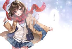 Rule 34 | 1girl, absurdres, bag, blazer, blue skirt, blush, bow, brown hair, buttons, coat, fingernails, floating scarf, highres, jacket, lips, long sleeves, looking at viewer, morikura en, open clothes, open coat, parted lips, pleated skirt, red scarf, scarf, school bag, school uniform, shiny skin, simple background, skirt, sleeves past wrists, smile, snow, snowflakes, snowing, solo, winter clothes