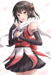 Rule 34 | 1girl, black gloves, black neckerchief, black skirt, brown eyes, brown hair, buttons, commission, cowboy shot, double-breasted, elbow gloves, fingerless gloves, gloves, hair between eyes, hair ornament, highres, kantai collection, monoku, neckerchief, ninja, open mouth, scarf, school uniform, sendai (kancolle), sendai kai ni (kancolle), serafuku, skeb commission, skirt, smile, solo, two side up, white scarf