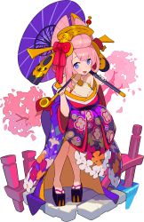 Rule 34 | 1girl, artist request, bare shoulders, black footwear, blush, breasts, cherry blossoms, collarbone, female focus, floral print, full body, hair bun, hair ornament, hair rings, hair stick, hand up, happy, headpiece, highres, holding, holding smoking pipe, japanese clothes, kikuno (world flipper), kimono, knees together feet apart, leaning forward, light blush, long sleeves, looking at viewer, medium breasts, mole, mole under eye, non-web source, obi, off shoulder, official art, oil-paper umbrella, open mouth, outdoors, pigeon-toed, pink hair, platform clogs, platform footwear, purple eyes, purple kimono, sandals, sash, short hair, sidelocks, single hair bun, smile, smoking pipe, solo, standing, transparent background, tree, water, wide sleeves, world flipper