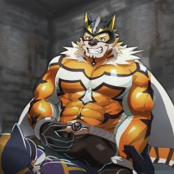 Rule 34 | 2boys, animal ears, bara, bodysuit, bulge, bulge to ass, covered abs, facial hair, furry, furry male, furry with furry, goatee, grin, highres, imminent anal, imminent penetration, large pectorals, live a hero, male focus, mask, multiple boys, muscular, muscular male, neumo, orange bodysuit, paid reward available, pectorals, ryekie (live a hero), short hair, sitting, sitting on person, smile, solo focus, tiger boy, tiger ears, yaoi
