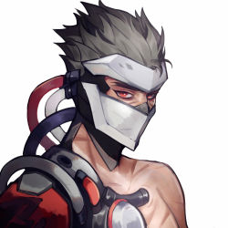 Rule 34 | 1boy, armor, bad id, bad pixiv id, cable, covered face, cyborg, ez 1011, genji (overwatch), grey hair, helmet, looking at viewer, male focus, mask, mechanical arms, mouth mask, official alternate costume, overwatch, overwatch 1, plug, red eyes, scar, simple background, single mechanical arm, solo, spiked hair, white background