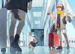 Rule 34 | 3girls, aircraft, airplane, airport, amiya (arknights), animal, arknights, bag, beanie, bird, black footwear, black jacket, black shirt, boots, brown hair, character request, clothed animal, day, detached wings, exusiai (arknights), hair over one eye, halo, handbag, hat, highres, holding, hood, hood down, hooded jacket, indoors, jacket, kuilaogouhuabudongle, mask, mask on head, multiple girls, penguin, ponytail, red eyes, red hair, red socks, rolling suitcase, shirt, shoes, short shorts, short sleeves, shorts, shoulder bag, sleep mask, socks, suitcase, tail, texas (arknights), the emperor (arknights), white headwear, white jacket, white shirt, window, wings, yellow shorts