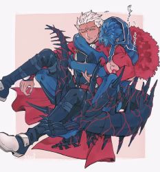 Rule 34 | 2boys, archer (fate), black bodysuit, blue gloves, blue hair, bodysuit, closed mouth, commentary, cu chulainn (fate), cu chulainn (fate) (all), cu chulainn (fate/stay night), cu chulainn alter (fate), cu chulainn alter (fate/grand order), dark-skinned male, dark skin, elbow gloves, fate/grand order, fate (series), gloves, highres, hood, hug, hug from behind, lancer, male focus, messy hair, monster boy, multiple boys, one eye closed, signature, sitting, spiked tail, spikes, tail, takara hajimaru, veins, veiny arms, white eyes, white hair