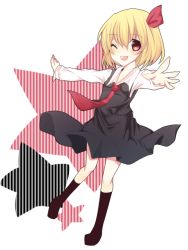 Rule 34 | 1girl, ;d, bad feet, bad id, black dress, black socks, blonde hair, collared shirt, dress, embodiment of scarlet devil, female focus, flat chest, hair between eyes, hair ribbon, kneehighs, long sleeves, looking at viewer, nayuta (artist), nayuta (scarlet-noize), necktie, no shoes, one eye closed, open mouth, outstretched arms, red eyes, red necktie, red ribbon, ribbon, rumia, shirt, short hair, smile, socks, solo, star (symbol), starry background, touhou, white background, white shirt