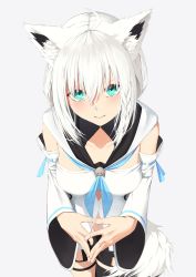 Rule 34 | 1girl, absurdres, ahoge, animal ear fluff, animal ears, blue neckerchief, blush, braid, breasts, detached sleeves, earrings, fox ears, fox girl, green eyes, hair between eyes, has bad revision, has cropped revision, highres, hololive, hood, hoodie, jewelry, long hair, md5 mismatch, neckerchief, resolution mismatch, shirakami fubuki, shirakami fubuki (1st costume), sidelocks, simple background, small breasts, smile, solo, source smaller, thighhighs, virtual youtuber, white background, white hair, white hoodie