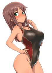 Rule 34 | 1girl, ayuayu (shouyu no sato), black one-piece swimsuit, blush, breasts, brown hair, closed mouth, collarbone, commentary request, competition swimsuit, covered navel, cowboy shot, green eyes, hand on own hip, highleg, highleg swimsuit, large breasts, looking at viewer, one-piece swimsuit, original, simple background, solo, standing, sweat, swimsuit, tan, white background