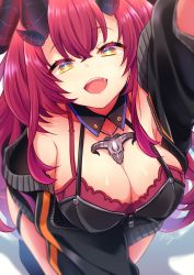 Rule 34 | 1girl, black jacket, blurry, blurry background, blurry foreground, blush, breasts, cleavage, commentary, curled horns, demon horns, depth of field, fang, feet out of frame, from above, hair between eyes, horns, jacket, jewelry, large breasts, long hair, long sleeves, looking at viewer, magrona, magrona channel, necklace, nyokkiiiiin, open mouth, red hair, signature, solo, star-shaped pupils, star (symbol), symbol-shaped pupils, thighs, very long hair, virtual youtuber, yellow eyes, zipper, zipper pull tab