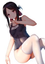 Rule 34 | 1girl, absurdres, bad id, bad twitter id, bare arms, bare shoulders, black hair, blush, breasts, covered navel, folded ponytail, hair ribbon, hand up, highres, kaguya-sama wa kokurasetai ~tensai-tachi no renai zunousen~, long hair, looking at viewer, name tag, one-piece swimsuit, parted bangs, parted lips, red eyes, red ribbon, ribbon, school swimsuit, shinomiya kaguya, shiny clothes, shiny skin, sidelocks, simple background, small breasts, solo, swimsuit, thighhighs, white background, white thighhighs, wsman